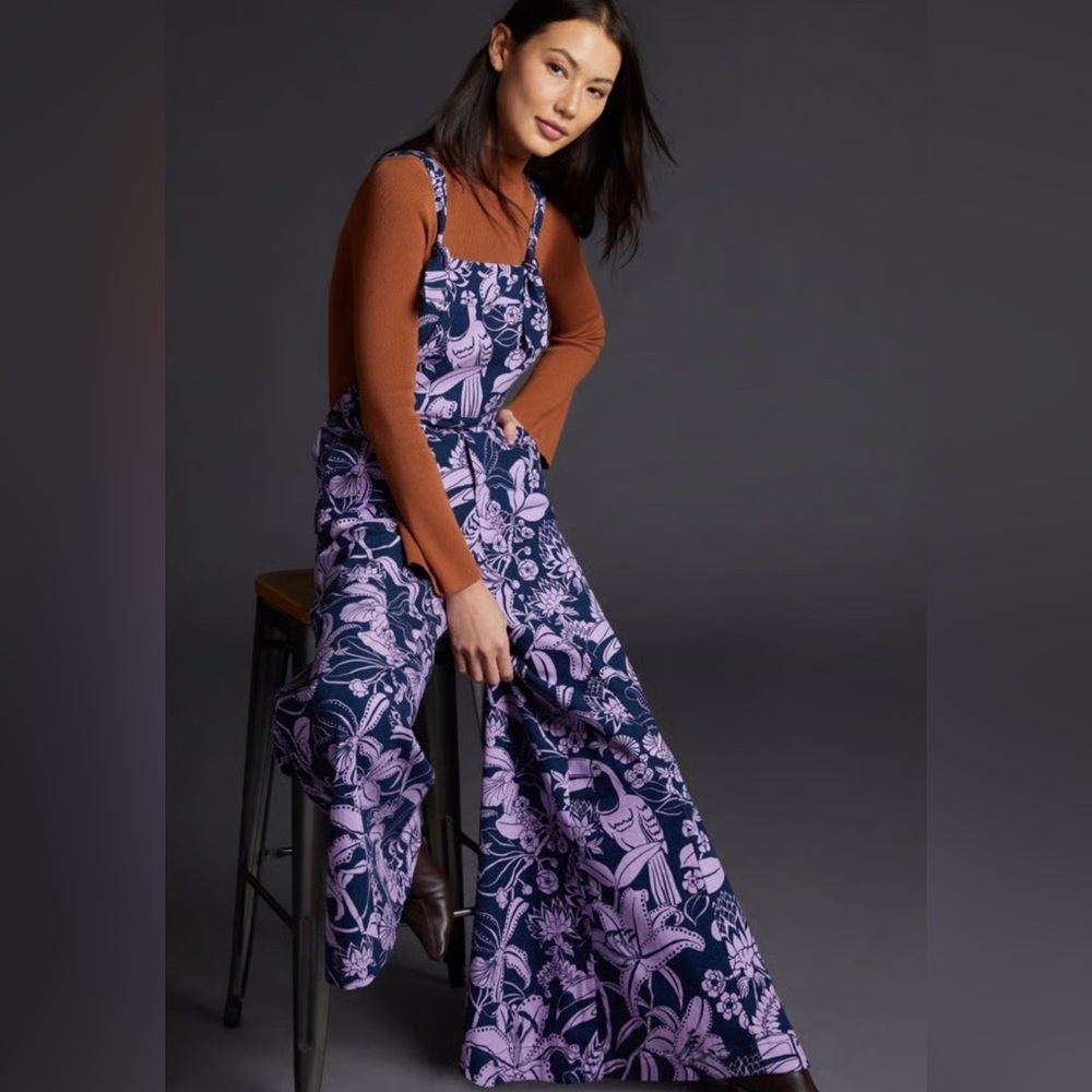 FARM Rio Purple and Blue Flying Toucans Wide Leg Jumpsuit / Overalls